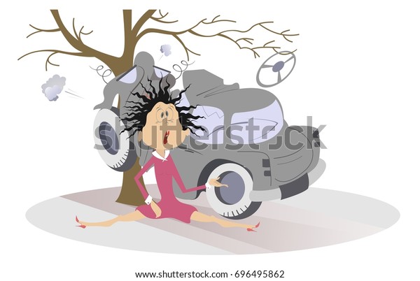 Road\
accident, crashed car and young woman. Shocked woman with raised\
hair sits near a car which crashed into the\
tree\

