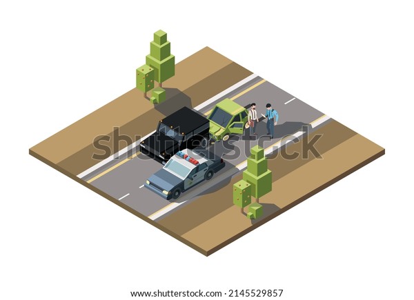 Road\
accident isometric. Car damaged emergency help traffic accidents\
injured crash vehicles urban transport 3d\
background