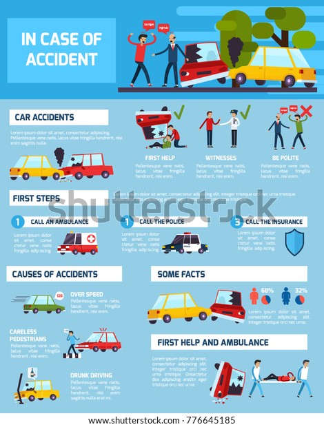 Road accidents infographic set with first\
aid and causes symbols flat  illustration\
