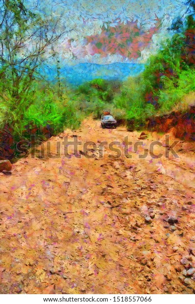 Road in\
Africa. Springtime day. Digital\
illustration