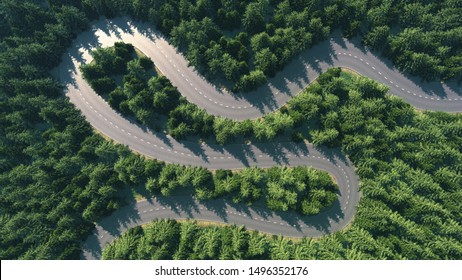 Road Among The Forest, Top View, Comparison Of The River Arteries 3d Render