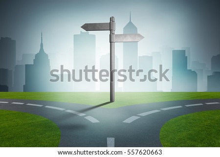 Road arrows at crossroads in difficult choice concept - 3d rende