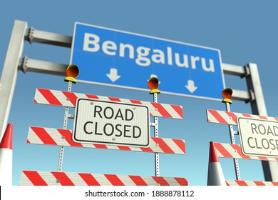 Road Barricades Near Bengaluru City Road Sign. Coronavirus Disease Quarantine Or Lockdown In India Conceptual 3D Rendering