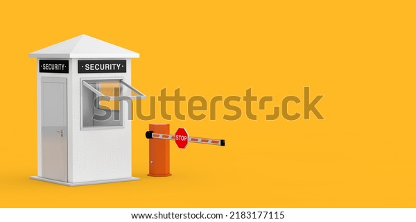 Road Car Barrier and Security\
Zone Booth with Security Sign on a yellow background. 3d\
Rendering