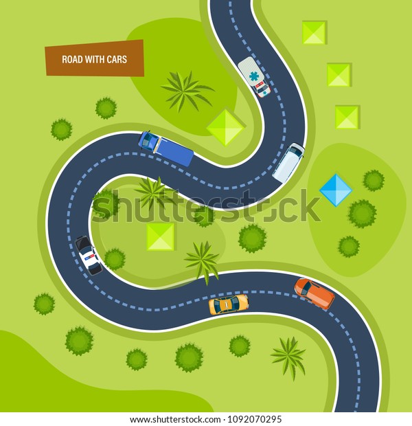 Road
with cars. Moving cars on road, top view. Concept of highway
traffic, urban transport, landscape. Path and travel, car journey,
traffic map of city asphalt street.
illustration.
