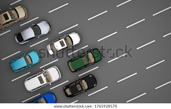 road with cars top view.\
3d rendering