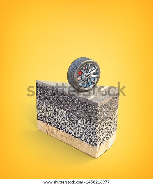 Road coat layers. Piece of cake with road\
structure. 3d\
illustration