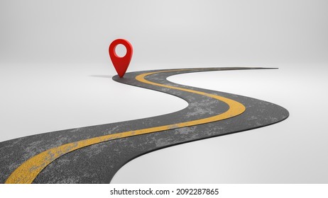 Road concrete infographics with pointers designed, winding road to success with red pin pointers, Timeline template, business journey way, navigating, roadway graphic illustrations graph, 3d render