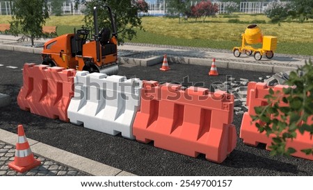 Road construction scene featuring durable plastic jersey barriers and additional accessories.