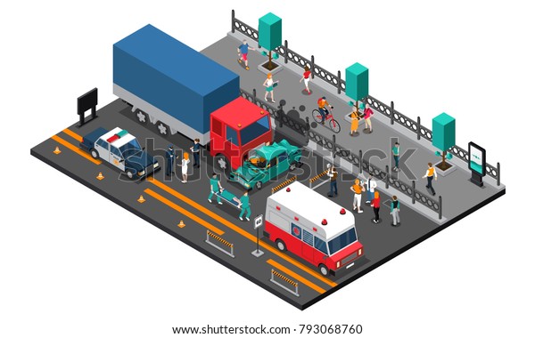 Road crash\
design with truck and car police and ambulance injured persons on\
stretcher  isometric  illustration\
