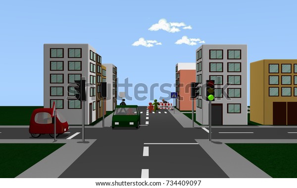 Road crossing with a green traffic light and\
colored cars. 3d\
rendering