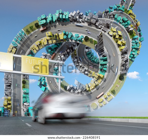 Road to future, cars, public\
transport, bicyclists, pedestrians through futuristic city in the\
sky.