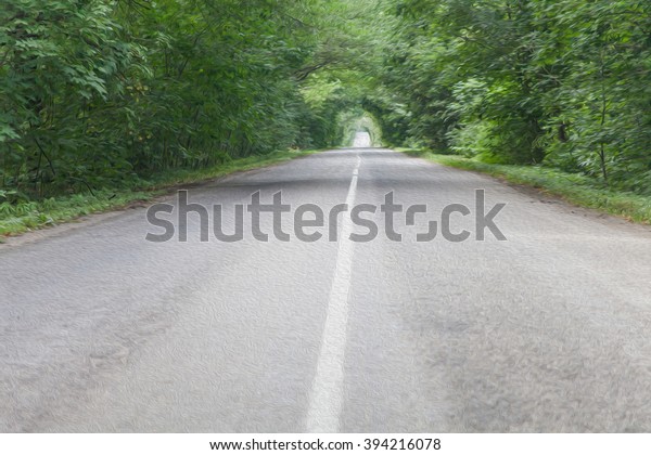 Road in the green forest. Ecological area path,\
route in nature. Eco concept image. Ground view. Oil textured\
painting based on\
photo