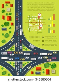 Road Infographics With Highways With Lots Of Cars. Map Of Traffic Congestion And Urban Transport. Top View Of The City With Houses 