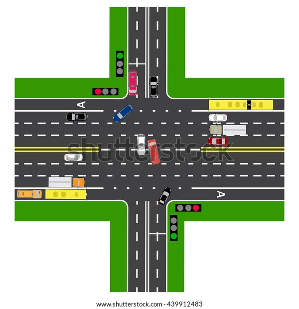 Road\
infographics. Most of the highway intersection with the road. With\
the cars and traffic lights. Green signal for the non-principal\
roads. Top view of the highway. Raster\
illustration