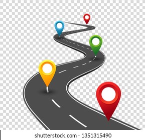 Road infographics. Winding road to success with pin pointers. Business journey way. Progress concept