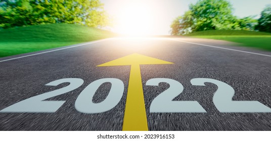 Road Into Evening Sunset With The Numbers 2021 2022 Ahead On Asphalt - 3D Illustration