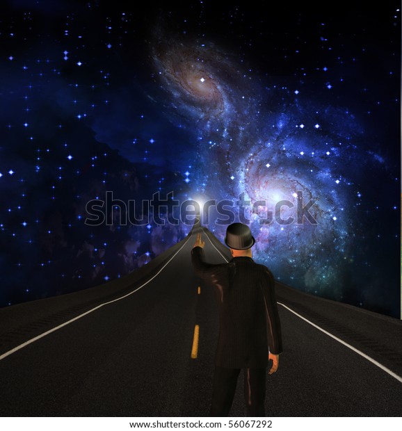 Road into sky with pointing\
man