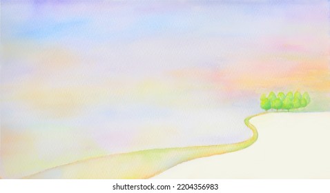 A Road Leading To The Morning Sky. Hand-painted Watercolor Background.