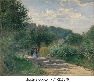 A Road in Louveciennes, by Auguste Renoir, 1870, French impressionist painting, oil on canvas. This early impressionist landscape has rich fresh greens painted with rhythmically active brushwork