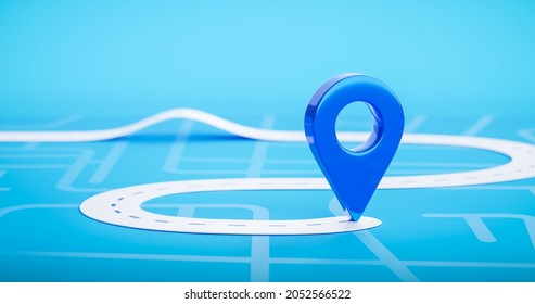 Road map of blue location pin icon symbol or gps travel route navigation marker and transportation place pointer direction street sign on city background with transport destination way. 3D render.