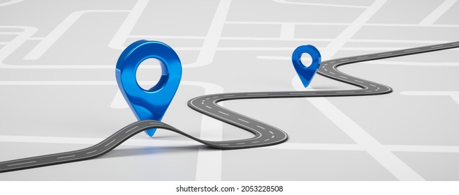 Road map of blue location pin icon symbol or gps travel route navigation marker and transportation place pointer direction street sign on city background with transport destination way. 3D render.