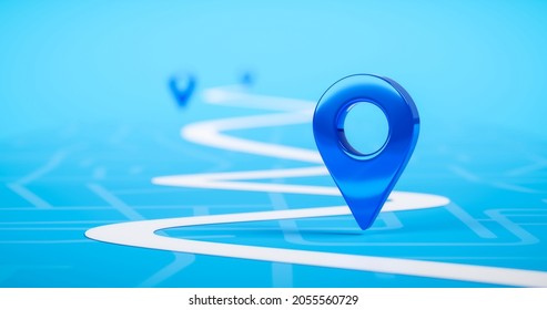 Road Map Of Blue Location Pin Icon Symbol Or Gps Travel Route Navigation Marker And Transportation Place Pointer Direction Street Sign On City Background With Transport Destination Way. 3D Render.