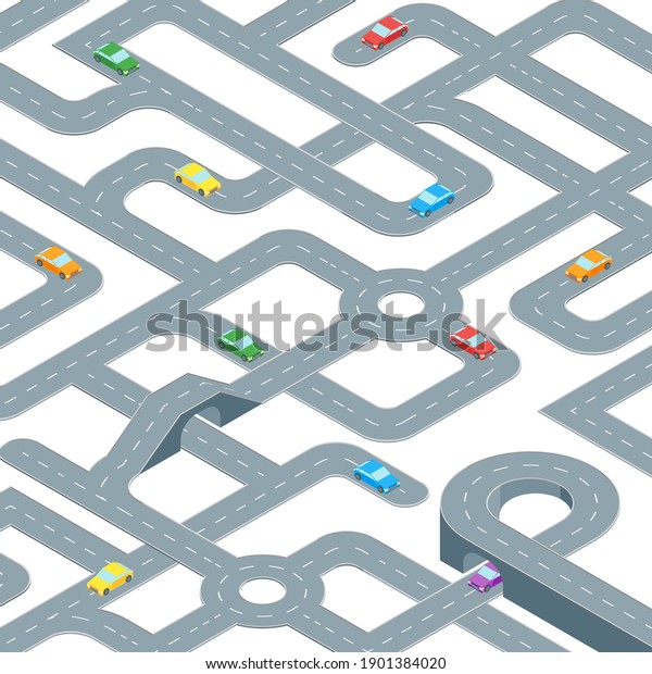 Road Map Design Seamless Pattern Background\
Isometric View. Element Traffic for Direction Transport in Town .\
illustration