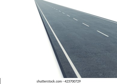Road with a marking going to distance isolated on white background. 3d illustration. Depth of Field Effect