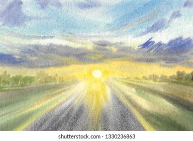 The Road To Meet The Sun, Hand Painted In Watercolor On Textured Paper