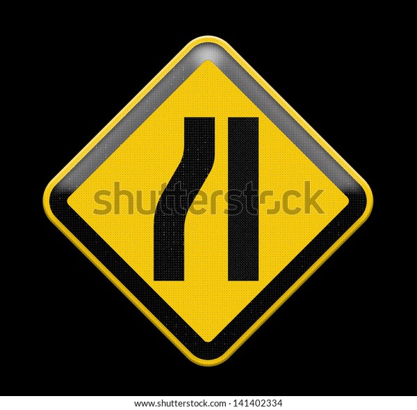 Road narrows\
merge right sign , Part of a\
series.