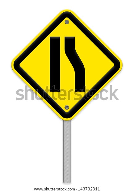 Road narrows merge right sign isolated on a white\
background\'part of a\
series