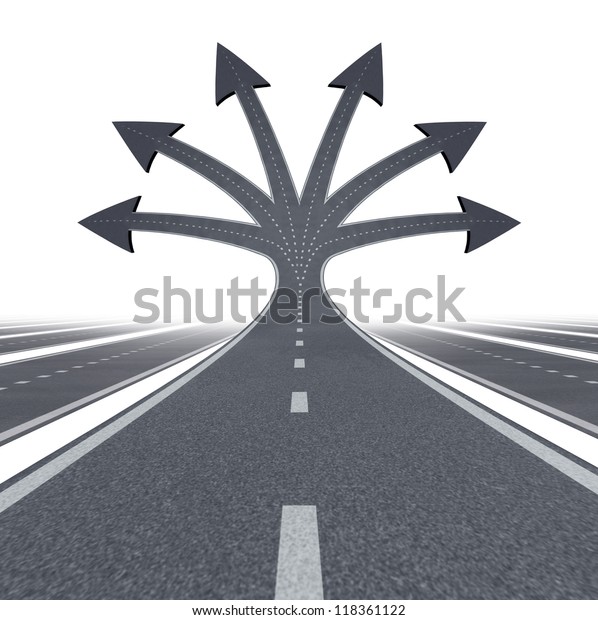 Road to opportunity and career choices  as a\
business or education symbol of choosing the best path and options\
for life success in the future as multiple streets and highways on\
white.