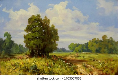 Road Passing Through A Stream Near A Group Of Trees,fine Art, Oil Painting, Summer, Landscape, Tree, Sky, Nature