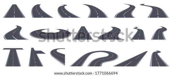 Road\
perspective view. Curving highway roads, bend asphalt roads in\
perspective. Turn town urban roads isolated  illustration set. Road\
highway, asphalt to transportation, line view\
turn