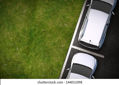 Road Side Parking - Cars Parked On The Side Of The Road. Grass Field Copy Space. Top View. Transportation Illustration.