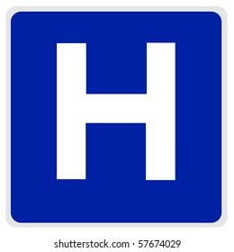 road sign - blue, white H for hospital - with path