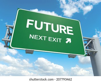 A Road Sign With Future Words On Sky Background 