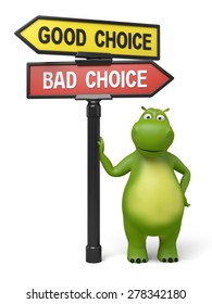 A Road Sign With Good Choice Bad Choice Words . 3d Image. Isolated White Background