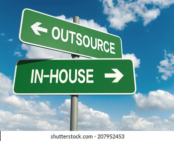 A road sign with outsource inhouse words on sky background 