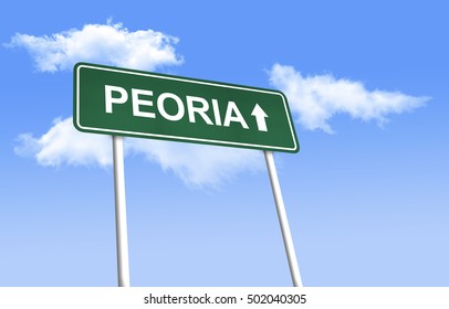 Road sign - Peoria. Green road sign (signpost) on blue sky background. (3D-Illustration)

