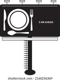 Road Sign At The Roadside Signaling A  Food Services On Highway. Bill Board With  Informing Services Straight KM Ahead.