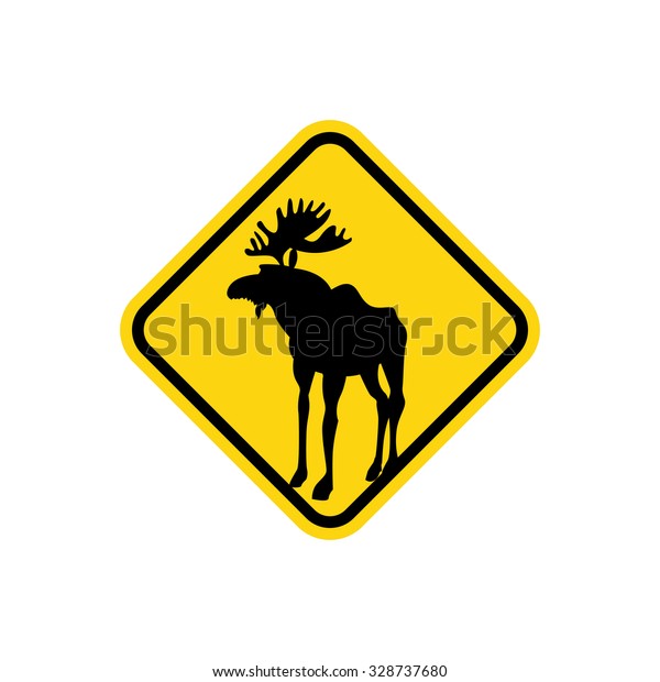 Road sign yellow deer, Moose. Pointer\
Attention animal. Wild beast may be on\
way\

