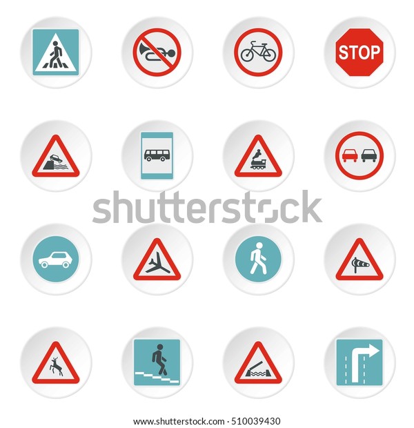 Road signs icons set. Flat illustration of 16 road\
signs  icons for\
web
