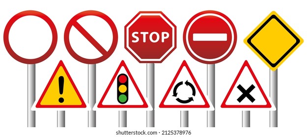 Road signs isolated on white background. Highway code, driver's license, driving. Banner illustration.
