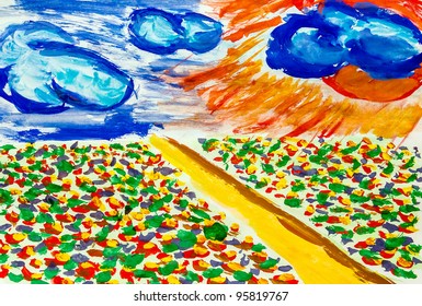 Road Style Of Van Gogh Through Field Flowers Sky With Clouds And Sun Watercolor Background