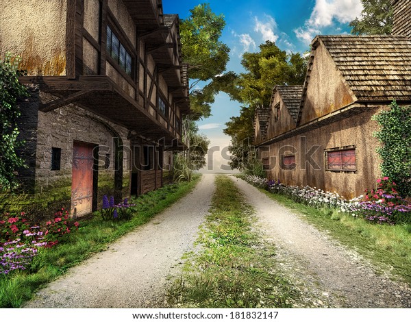 中世の村を通る道 のイラスト素材