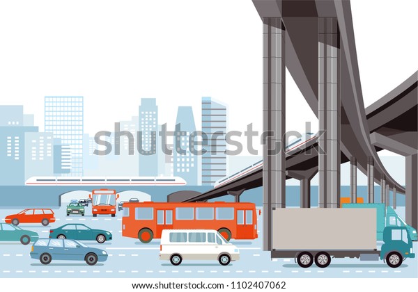 Road traffic in the city with elevated\
train, illustration