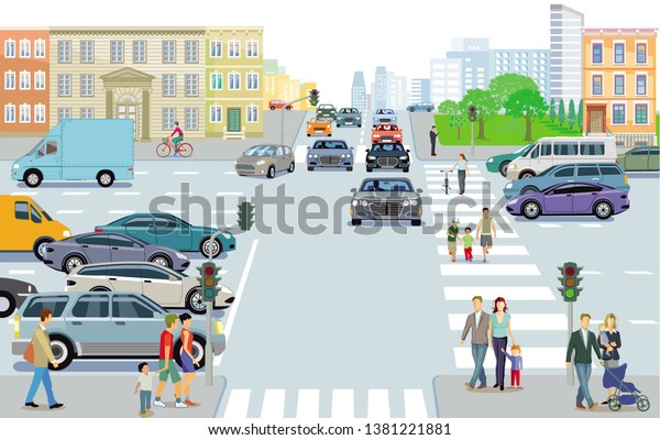 Road\
traffic with pedestrians and cars on urban\
street