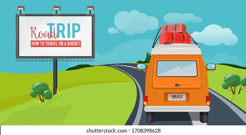 Road Trip. Adventure Concept With Vacation Travel Driving Car On Highway Urban Landscape Cartoon